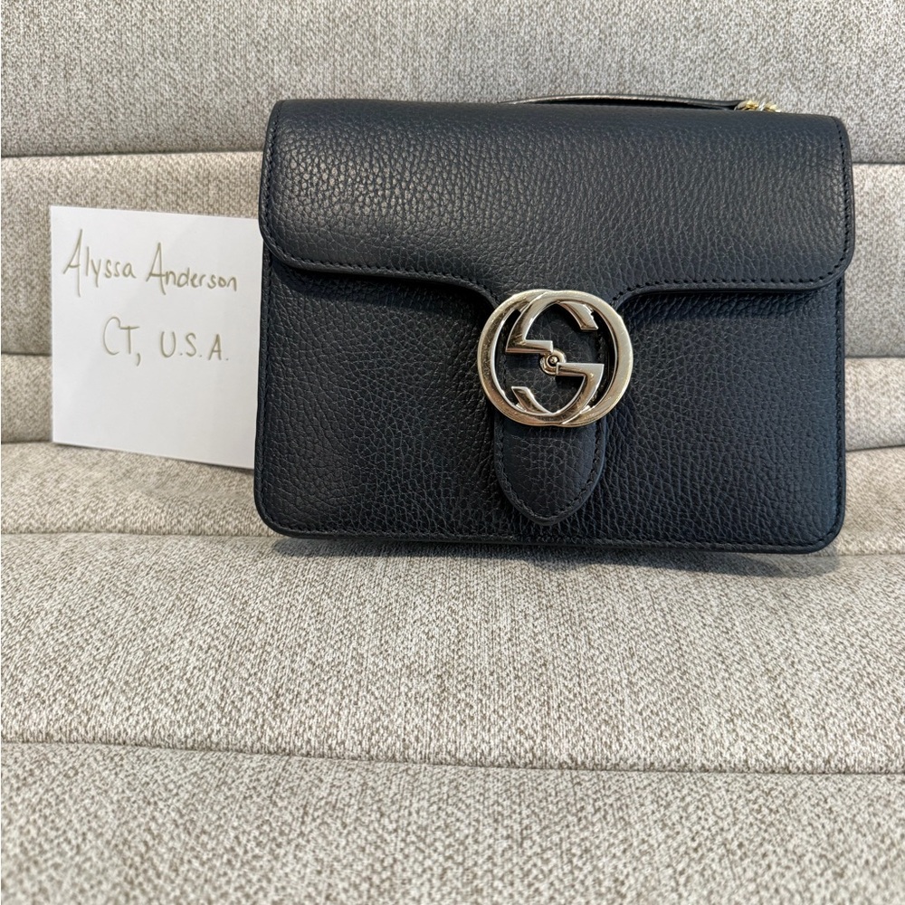 Gucci Interlocking GG Black Pebbled Leather Crossbody Bag with Gold